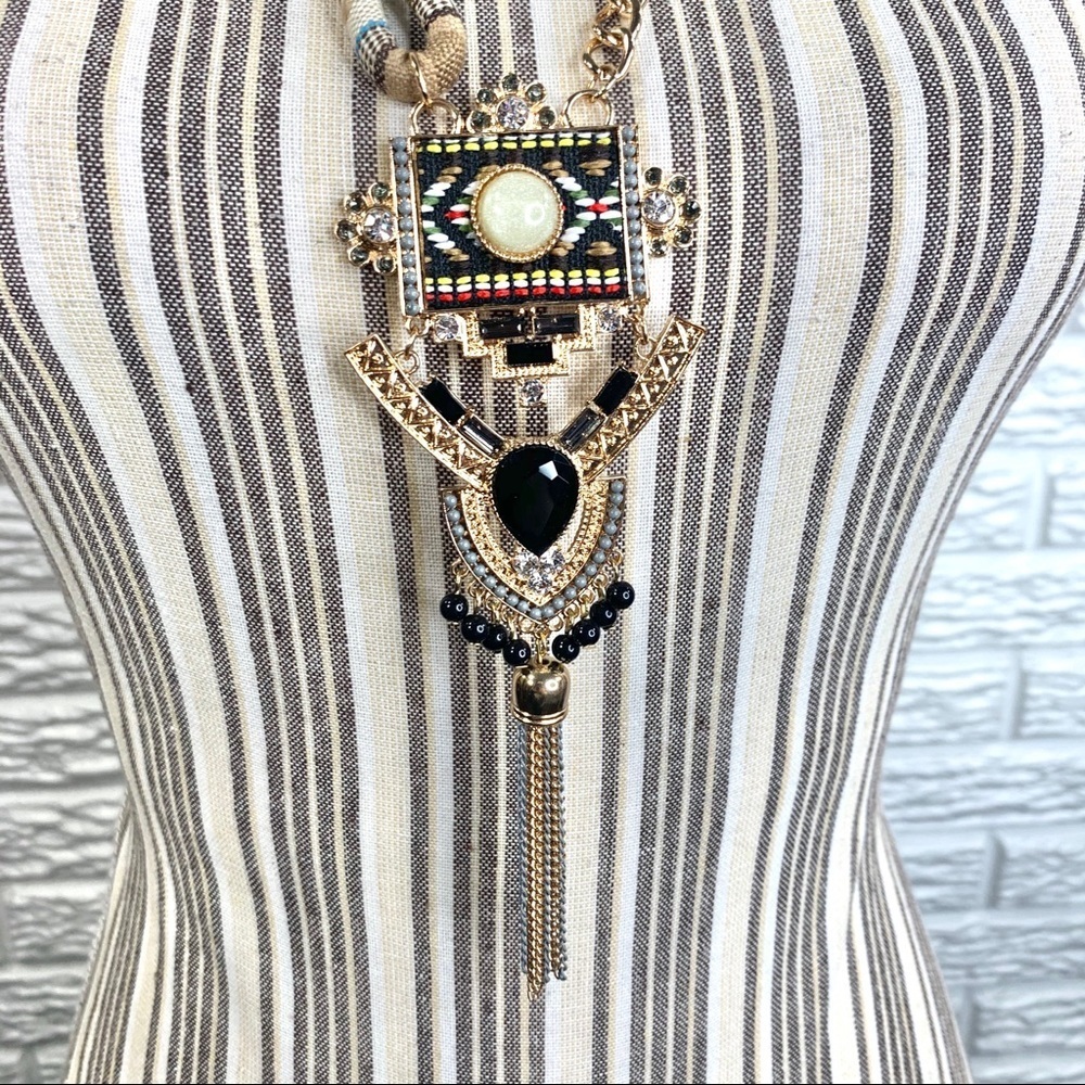 Long Gold Aztec Rhinestone Statement Necklace - Picture 4 of 5